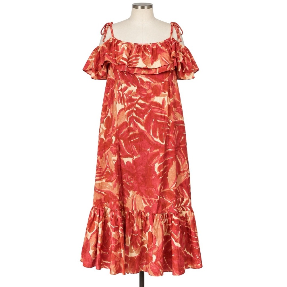 Zara Maxi Dress Womens XL Red Tropical Floral Off Shoulder Ruffle Sundress 4786